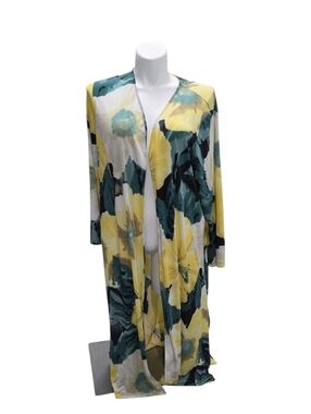 Vintage Soft Focus Size 1X Long Floral Open Cardigan Yellow Green